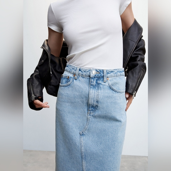 NWT Mango Denim Midi Skirt With Slit - Picture 5 of 7